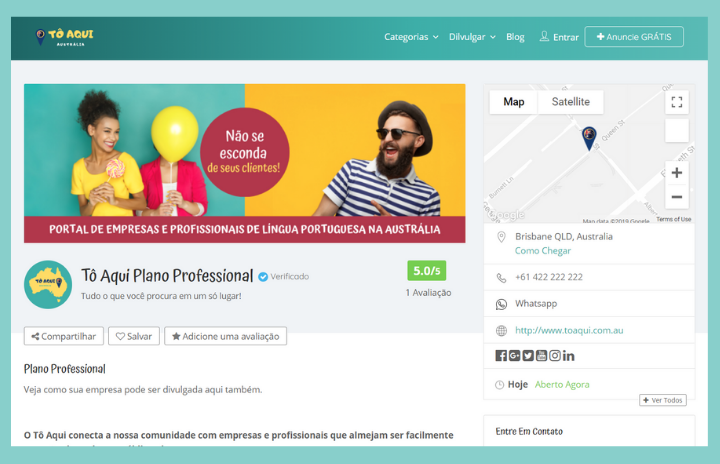 Divulgue sua empresa no Tô Aqui Austrália. Veja como a página de sua empresa pode ficar se você escolher o plano Professional