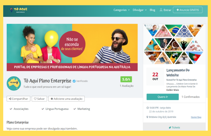Divulgue sua empresa no Tô Aqui Austrália. Veja como a página de sua empresa pode ficar se você escolher o plano Enterprise